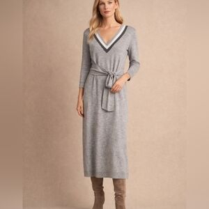 Ralph Lauren Grey Knit Tie-Waist Sweater Dress | Size L | V-Neck NWT